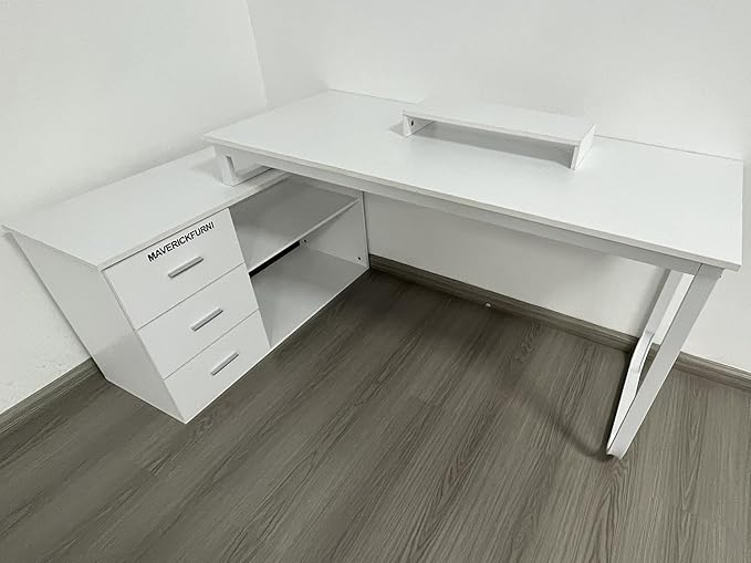 55 Inch Reversible L Shaped Desk with 3 Drawers, White Craft Desk with Storage, Corner Computer Escritorio with Shelves and Monitor Stand for Bedroom, White