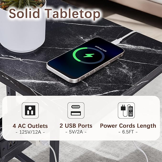 VECELO C Shaped End Side Table with Charging Station & Power Outlets for Couch Sofa/Bed, Snack TV Tray with Metal Frame for Living Room Bedroom 2 PCS Black Marble