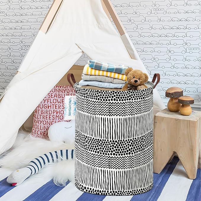 LANGYASHAN Laundry Basket Canvas Fabric Collapsible Organizer Basket for Storage Bin Toy Bins Gift Baskets Bedroom Clothes Children Nursery Hamper (Black line)