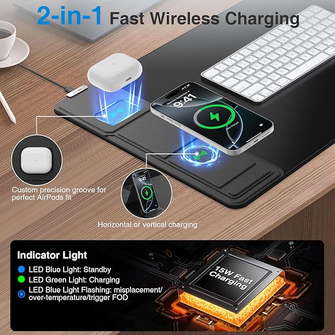 Wireless Charging Mouse Pad with Foldable Phone Holder, 31.5"x15.8" Extended Desk Mat for Laptop/Keyboard, Waterproof Ultra-Smooth Surface, Non-Slip Base & 20W PD Adapter, Black