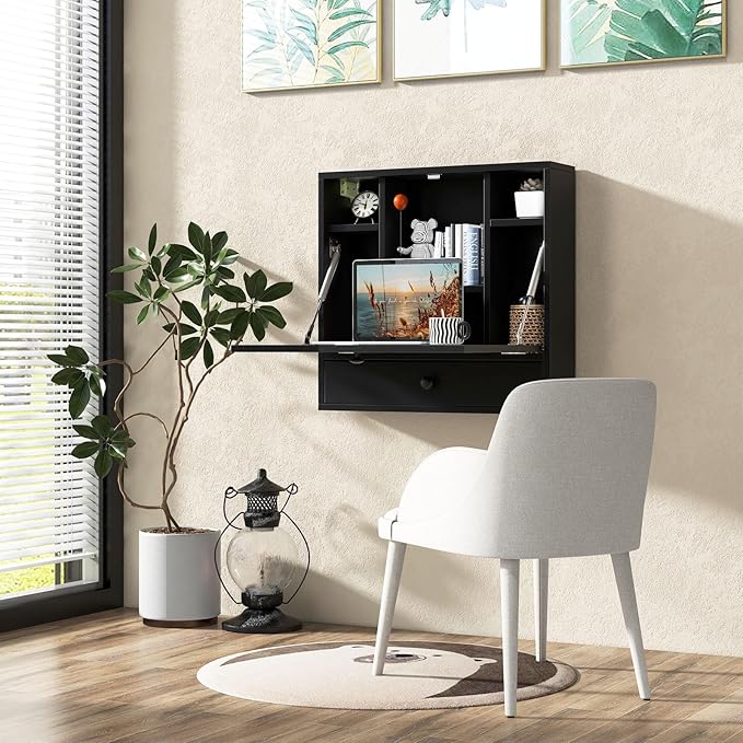 Tangkula Wall Mounted Desk, Folding Floating Wall Mount Laptop Desk, Space Saving Wall Mounted Table with Storage Drawer & Shelves (Black)