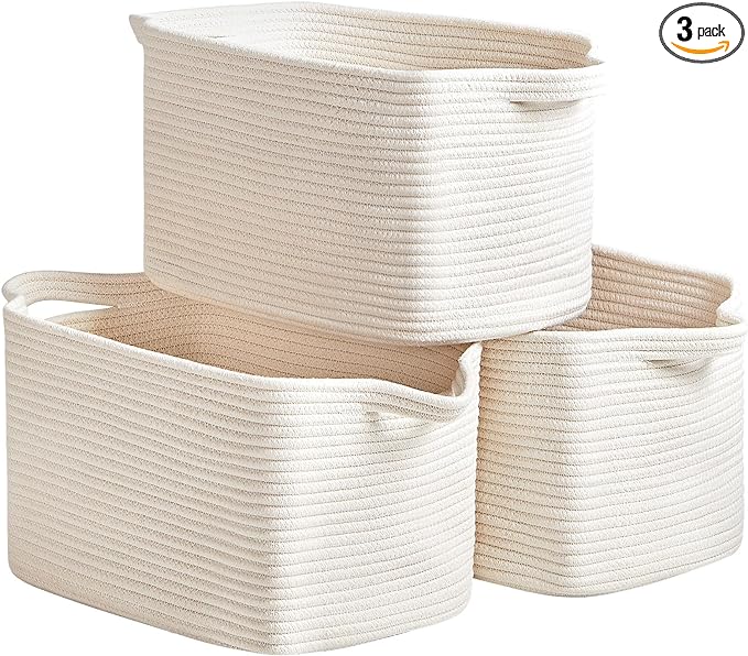 Cotton Rope Storage Basket 15"x10"x9" – Fabric Storage Bins for Organizing Clothes,Toys,Blankets – Durable Woven Storage Basket for Closet, Shelf & Living Room