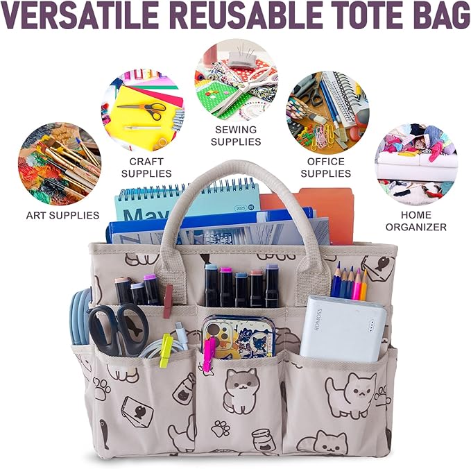 Cupohus Art Organizer Craft Storage Tote Bag with Pockets and Handles, Oxford Fabric Carrying Caddy for Teacher, Officer, Artist, Traveler, and more-Grey Pet