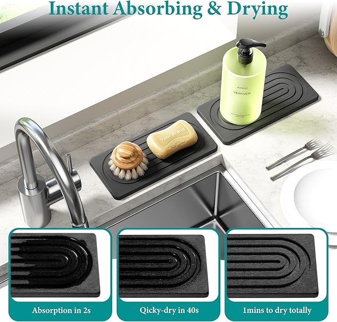 Water Absorbing Stone Tray for Sink, Quick Drying Diatomite Bathroom Tray Countertop, Stone Drying Mat for Kitchen Counter Faucet, Soap Dish Dispenser Vanity Organizer, Dark Grey-A-8.3" x 4"