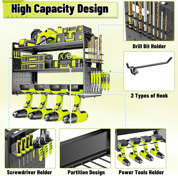 Power Tool Organizer Wall Mount, Drill Holder tool storage with Hooks & Screwdriver Organizer, Heavy Duty Iron 3 Layers Garage Storage Shelf for Workshop Shed Pegboard Basement(Black)