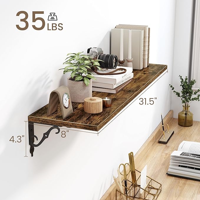 Deep Floating Shelves for Wall, 32"W x 8"D Wall Shelves, 8 Inch Deep Floating Shelf with Bracket, 32 Inch Floating shelves Set of 2, Rustic Shelves for Living Room, Bathroom and Kitchen, Rustic Brown