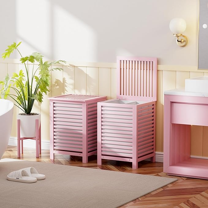 SMIBUY Double Laundry Hamper with Lid, 120L Bamboo Laundry Basket with Removable Liner Bag, 2-Section Clothes Divider Laundry Sorter for Laundry Room, Bathroom, Bedroom (Pink)