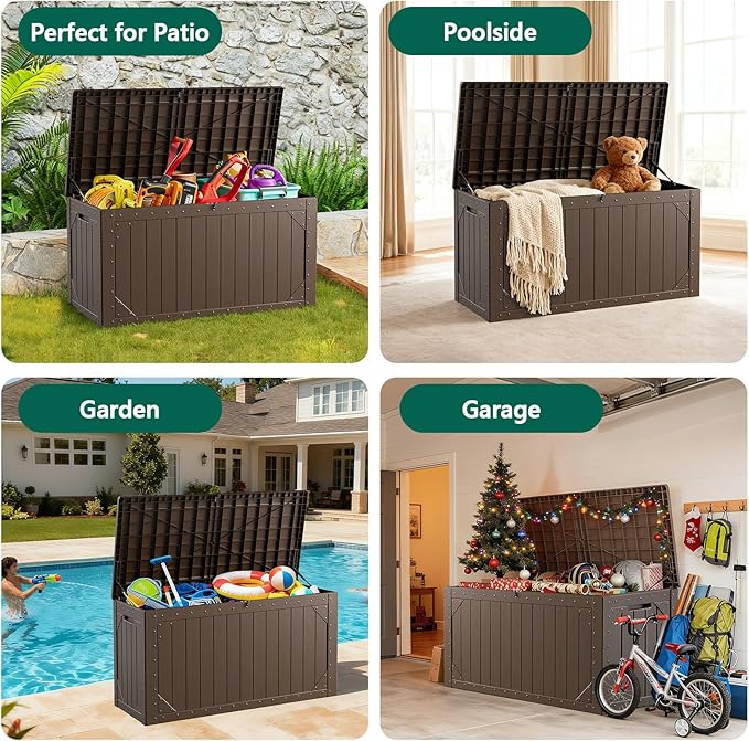 Outdoor Storage Box, 100 Gallon Deck Box Outdoor Storage Bench Outside Waterproof Resin Storage Bench, Lockable Patio Cushions, Garden Tools Storage For Furniture, UV Resistant(Brown)