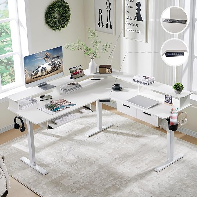 RedLemon 60 Inches L Shaped Electric Standing Desk, Height Adjustable Corner Gaming Desk with Drawers, Keyboard Tray, Power Outlets & LED Lights, Computer Desk with Monitor Shelf, Antique White