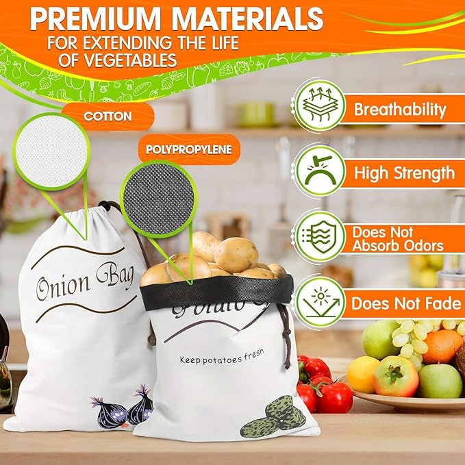2Pcs Potato and Onion Storage Bags – Reusable Cotton Produce Bags with Black Lining and Side Zipper, Washable, Breathable & Light-Blocking Design for Storing Potatoes, Onions, Garlic & Root Vegetables