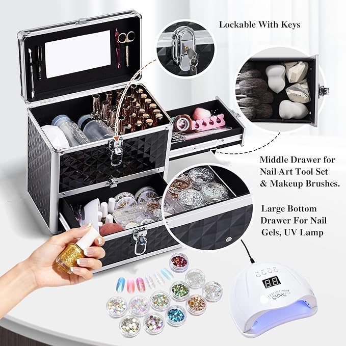 Frenessa Nail Polish Makeup Train Case with Drawer and Dividers Manicure Organizer Accessory Storage Makeup Box With Mirror Lockable Keys Nail Kit Organizer Cosmetic Case Jewelry Box - Black
