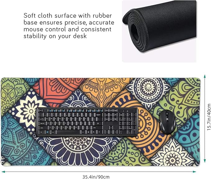 Bohemian Mandala Tile Large Mouse Pad, Vintage Aesthetic Gaming Desk Mat, XXL Keyboard Desk Pad Mat for Desktop, 35.4"x15.7" Non-Slip Base Big Mousepad with Stitched Edges