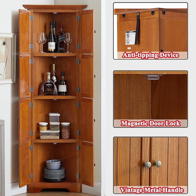 72" H Farmhouse Corner Storage Cabinet with 8 Doors & 4 Shelves, 4 Tier Kitchen Corner Pantry Cabinet Wooden Organizer Case Bookshelf, Home Space Saver Cabinet for Kitchen,Living Room (Oak)