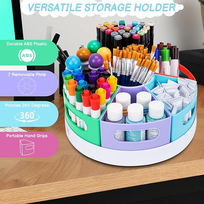 Art Supply Organizer, Extra Large 360° Pencil Caddy with 7 Removable Compartments for Kids, Rainbow Stationary Marker Organizer for Home, School, and Classroom