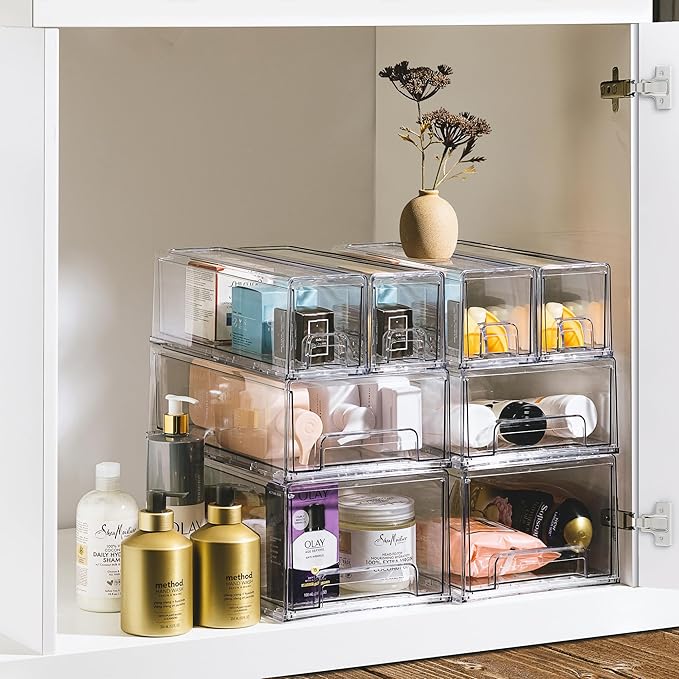 Sorbus Small Clear Stackable Storage Drawers – 6-Pack Plastic Organizer Bins with Handles – Stackable Pull-Out Storage Drawers for Closet, Pantry, Office, Bathroom, Craft, and Toy Organization