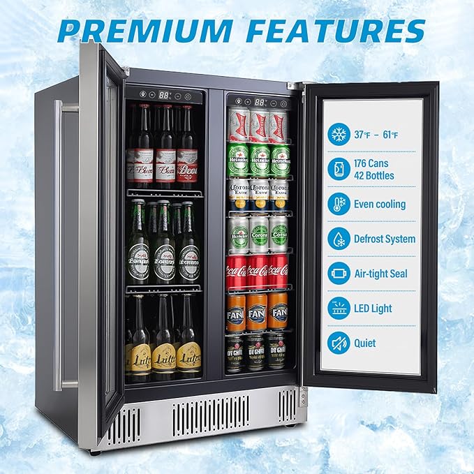 5.4 Cubic Feet/176 Can Fridge, 24 inch Freestanding Beverage Refrigerator Dual Zone with Glass Front Door for Soda, Beer Under Counter Drink Refrigerator with Adjustable Shelves(Silver)