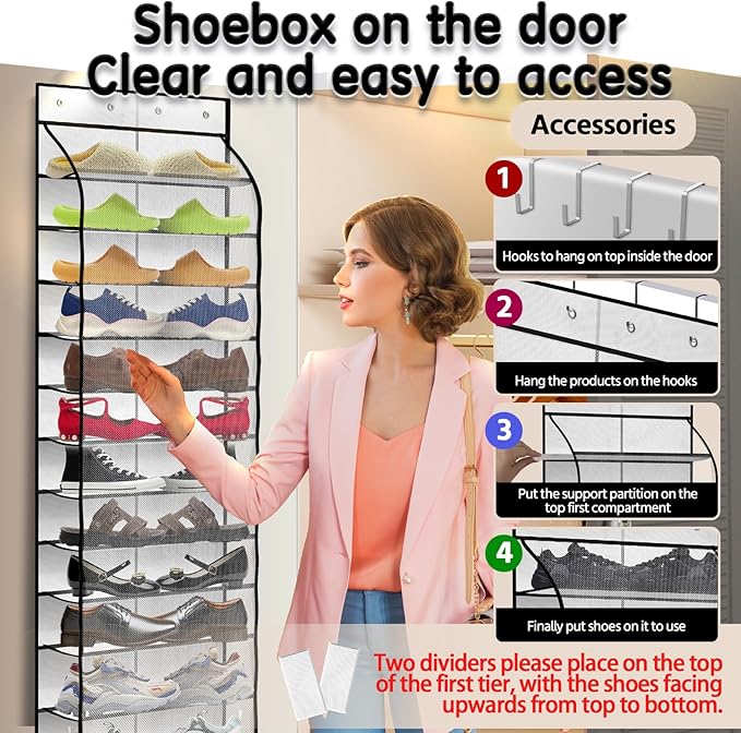 Over The Door Shoe Organizer with 12 Large Breathable Pockets - Durable Hanging Storage for the Entire Family's Shoes - White