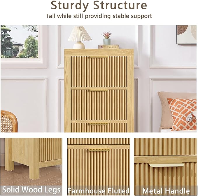 Modern 4-Drawer Solid Wood Dresser with Fluted Front & Gold Handles, Multifunctional Tall Storage Chest, for Hallway, Entryway, Natural