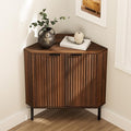 Fluted Corner Cabinet, Modern Small Corner Floor Cabinet with 2 Doors and 2-Tier Shelves, Freestanding Narrow Organizer for Living Room Kitchen Bathroom, Brown