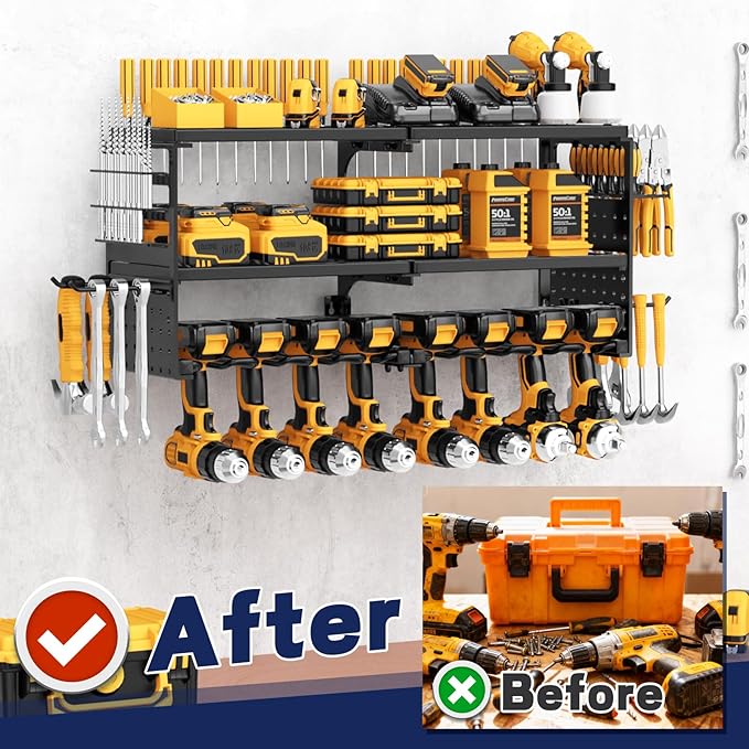 Power Tool Organizer Wall Mount, 300Lbs Load 3 Layer Heavy Duty Metal Tool Shelf with 8 Drill Holders, Garage Workshop Storage for Cordless Tools Batteries Screwdrivers(Black)