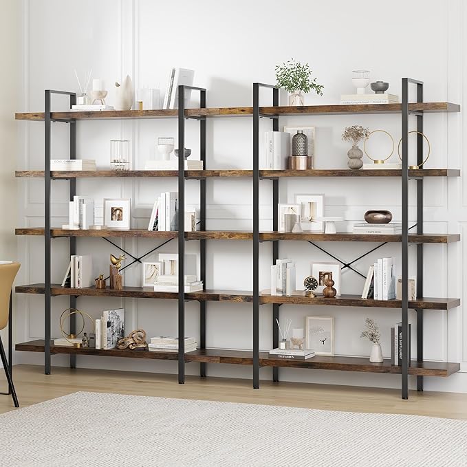 Bookshelf Set of 2, Heavy Duty 5-Tier Industrial Bookcase, 47" Wide Wood Bookshelf for Home Office, 120lbs Shelf Capacity, Rustic Open Display with Horizontal Shelf for Living Room Bedroom