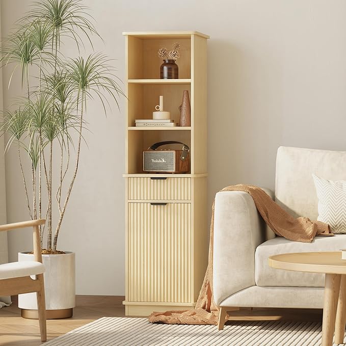 Natural Tilt Out Laundry Hamper Tall Bathroom Storage Cabinet Hidden Laundry Hamper Cabinet with Drawers and Baskets for Bathroom Hamper with Storage for Bedroom,16x16x59in