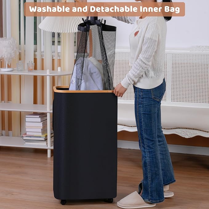110L Laundry Basket with Wheels,Clothes Hamper for Laundry,Laundry Hamper with Lid and Inner Bag, for Laundry Room, Bedroom, Dormitory Storage,Black