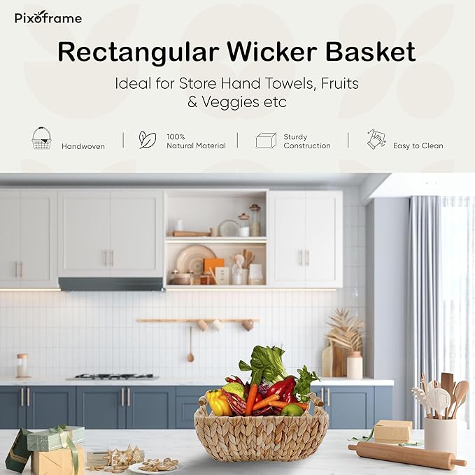 Medium Rectangular Handwoven Wicker Basket - Water Hyacinth Storage Baskets with 2 Polished Wooden Handles for Store Hand Towel, Fruits & Veggies etc – 10.75"x15.25"x5" - Pack of 2 - Natural