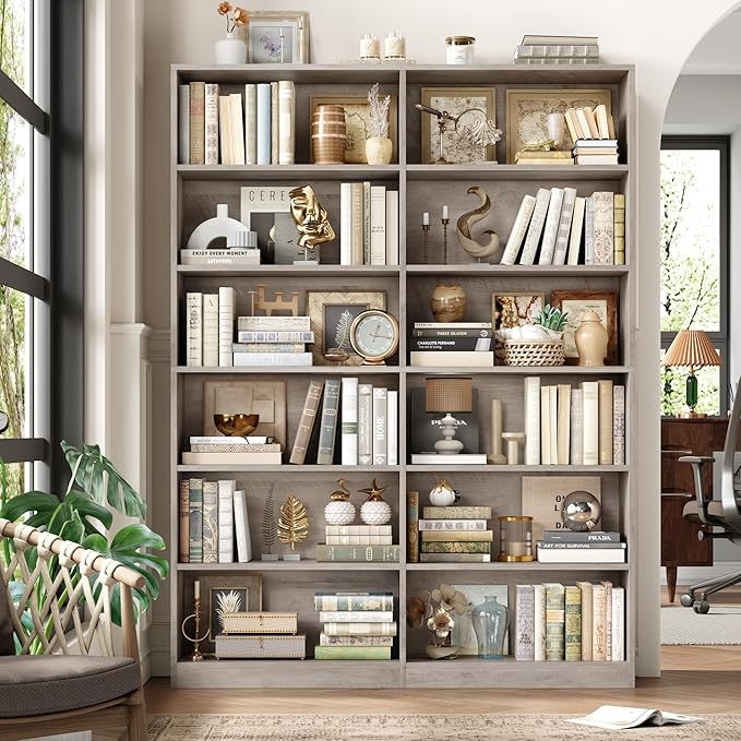 FACBOTALL Bookshelf and Bookcase, 6-Tier Double Wide Bookshelves, Freestanding Display Storage Shelves, Tall Bookcases for Home Decor Bedroom, Living Room, Home Office, Wash Gray
