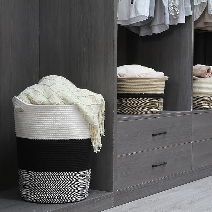 Sea Team Large Size Cotton Rope Woven Storage Basket with Handles, Laundry Hamper, Fabric Bucket, Drum, Clothes Toys Organizer for Kid's Room, 20 x 14 inches, Round Open Design, White & Mottled Black