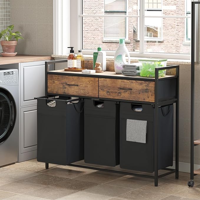 Laundry Hamper baskets 3 Section with 2 Drawers, 150L Laundry Sorter with Wheels Pull-Out Removable Laundry Bags, Rustic Brown and Black