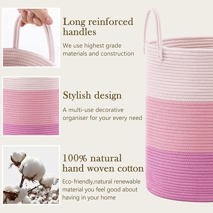 YOUDENOVA Woven Rope Laundry Hamper Basket, 58L Tall Luandry Basket, Baby Nursery Hamper for Blanket Storage, Clothes Hamper for Laundry in Bedroom-Large-Pink