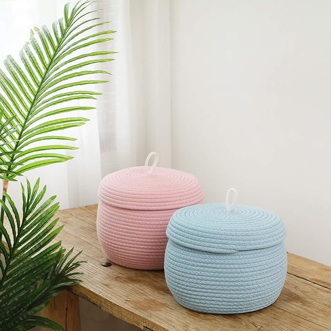 Sea Team Round Cotton Rope Storage Basket with Lid, Decorative Woven Storage Bin, Pot, Caddy, Organizer, Container for Snacks, Towels, Plants, 10 x 7.5 Inches (Small, Blue)