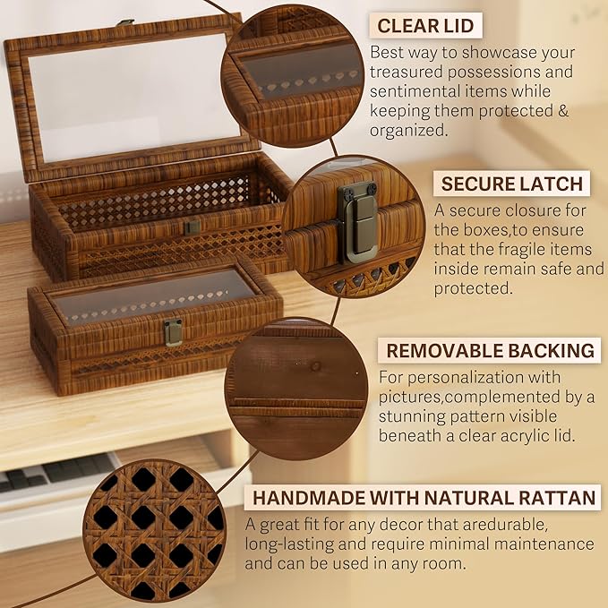 Rattan Decorative Box,Boho Display Boxes with Lids,Set of 2 Rectangular Wicker Storage Decoration,Natural Woven Cane Bins for Home Decor for Rustic Farmhouse(Brown)