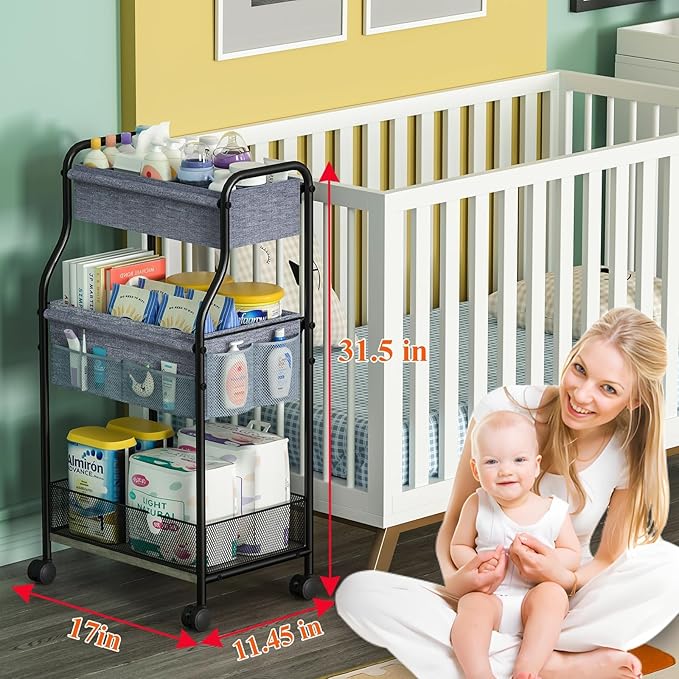 3-Tier Baby Diaper Caddy Organizer and Storage Cart, Mobile Metal Utility Cart with Rolling Wheels for Nursery Essentials with 4+2 Dividers, Large Capacity Rolling Cart For Kitchen, Bathroom, Office
