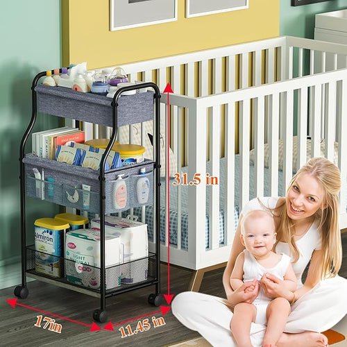 3-Tier Baby Diaper Caddy Organizer and Storage Cart, Mobile Metal Utility Cart with Rolling Wheels for Nursery Essentials with 4+2 Dividers, Large Capacity Rolling Cart For Kitchen, Bathroom, Office
