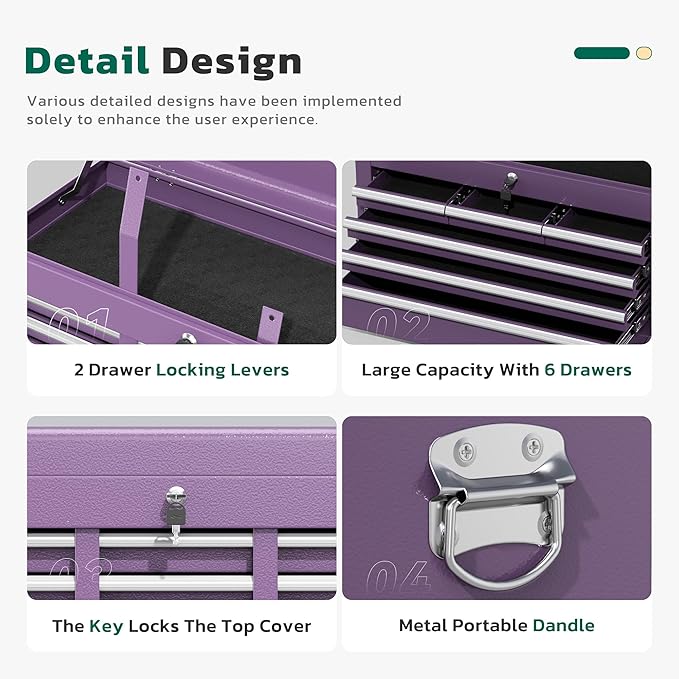 Greenvelly Tool Chest, 8-Drawer Rolling Tool Chest with Hooks and Lockable Wheels,Metal Storage Detachable Top Tool Box with Lockable Wheels for Garage,Workshop,Art Studio(Purple)
