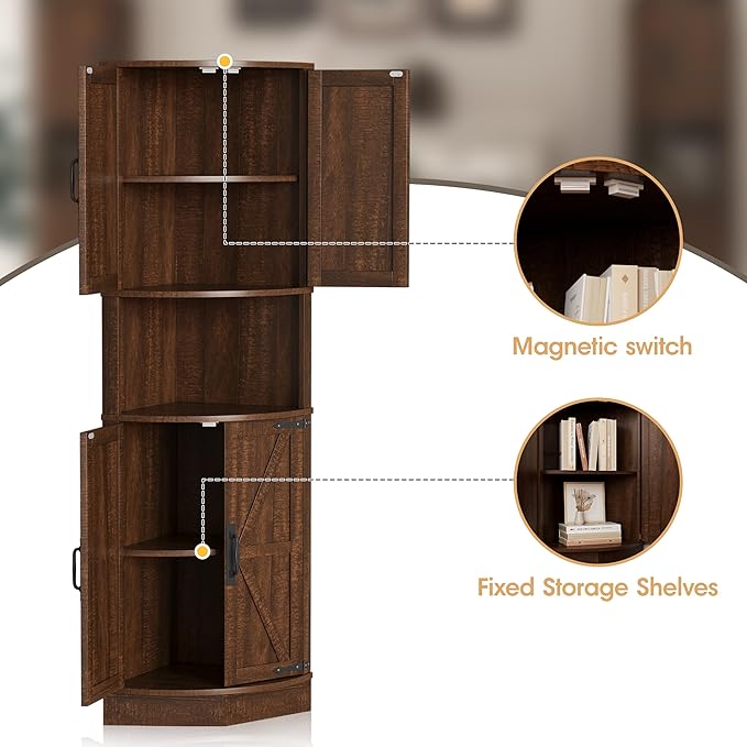 Vabches 64.8" Tall Farmhouse Corner Cabinet with 4 Doors and 5 Storage Shelves, Farmhouse Storage Cabinet with Barn Door Design, Home Space Saver for Living Room, Kitchen, Laundry Room,Brown