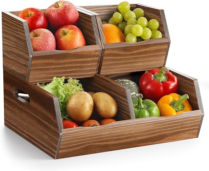 Acacia Wood Pantry Storage Bins – Stackable Open Front Kitchen Baskets for Potato, Onion, Fruit, Bread & More – Rustic Wooden Basket for Pantry (Walnut - Pine Wood)
