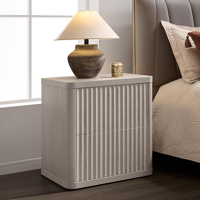 SICOTAS Night Stand Set of 2 Nightstands with 2 Drawers Storage Bedside Table Large Fluted Bed Side End Table Modern 24.4" Tall Wide Night Stands for Bedroom Living Room Sofa Couch Office, White Alder