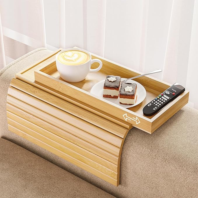 Bamboo Sofa Arm Rest Tray Table for Couch - 2-in-1 Couch Arm Table with Be Slide Detachable Tray - Anti-Slip Foldable Sofa Armchair Caddy for Drinks Cup Cellphone TV Remote Snacks (Bamboo)