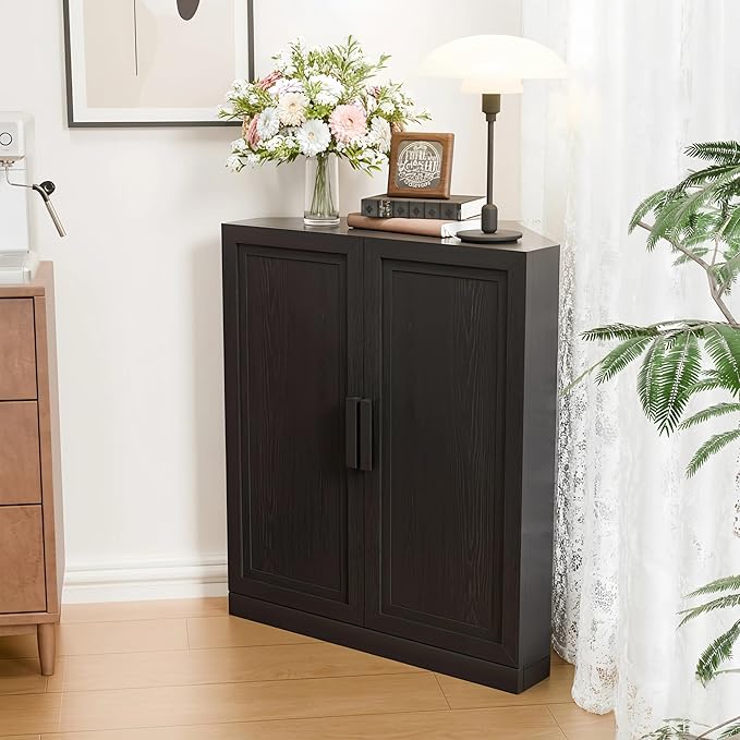 Casaphoria Farmhouse Corner Cabinet, Wooden Corner Storage Cabinet with Adjustable Shelves, Narrow Storage Organizer for Small Space, 36" H x 31" W x 16" D, 51Lb, Black