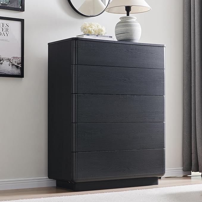 ACCOHOHO Modern 5 Drawer Dresser for Bedroom, 42" Tall Wooden Dressers with Large Storage,Handleless Chest of Drawers for Living Room & Hallway, Curved Profile Design, Black