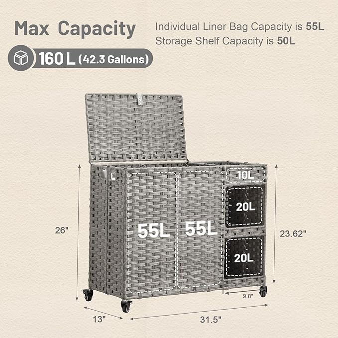 Laundry Hamper with Wheels, 42.3 Gal.(160 L) Laundry Sorter with Shelves, Rattan Clothes Hamper with 4 Removable Liners & 3 Mesh Bags, Handwoven Organizer for bedroom, bathroom, laundry room, Grey