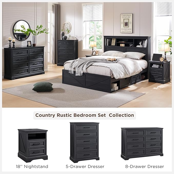 ACCOHOHO 18" Farmhouse Nightstand with Charging Station,End Table with 2 Drawers Storage,Side Table,Bedside Cabinet for Bedroom,Living Room,Black