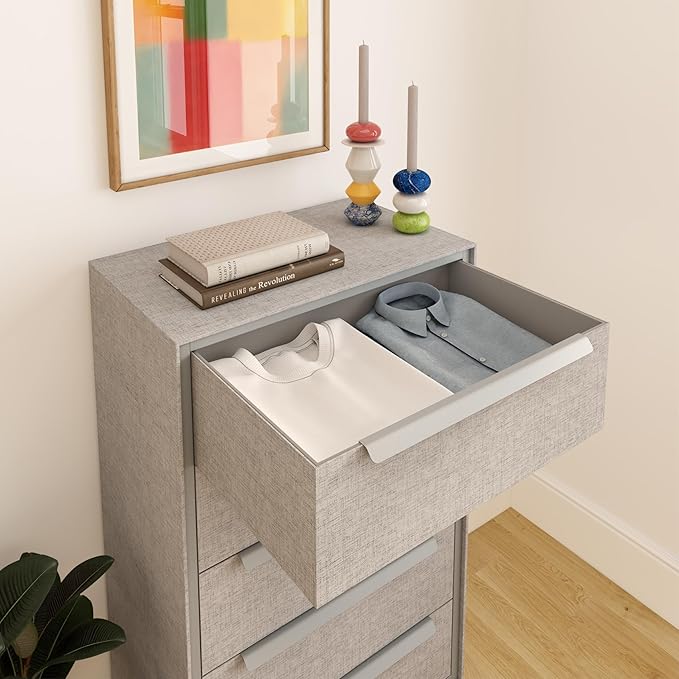 tinge Naima Premium Fabric Dresser - Strong Metal Frame, 5 Spacious Sag-Proof Drawers with Sleek Metal Handles - Premium & Durable Storage Solution for Your Home (Silver)