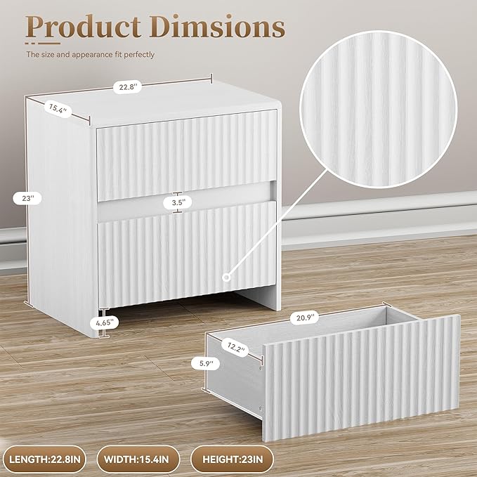 White Nightstand Set of 2, 23" Wood Bedside Table with 2 Storage Drawers, Modern Night Stand for Bedroom, Office