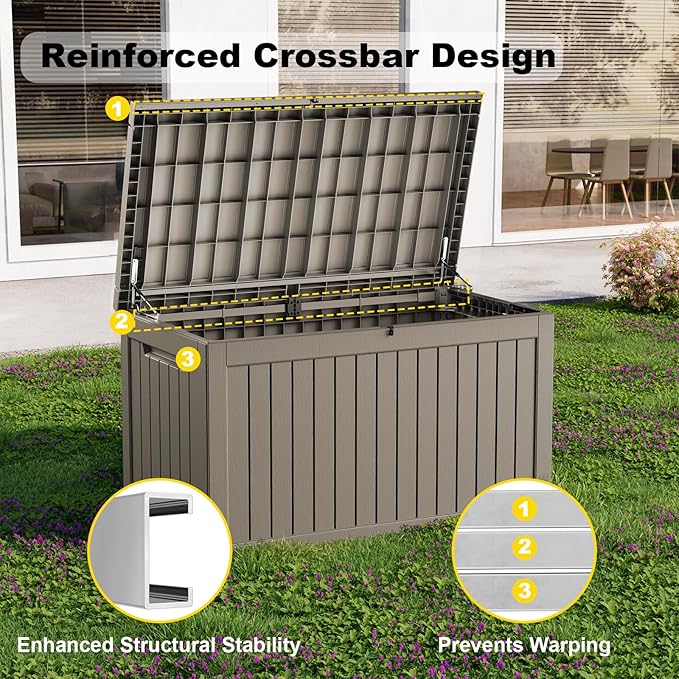 280 Gallon Outdoor Deck Box,Storage Lockable Waterproof Patio Furniture,Garden Tools,Cushions,Pool Accessories Outside Storage Resin Box(Grey)
