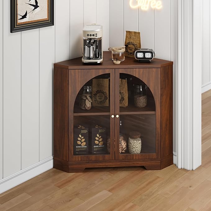Mid-Century Floor Coner Storage Cabinet, 23" Short Small Wood Coner Cabinet with Adjustable Shelve & Acrylic Arched Mullion Doors for Bathroom, Living Room, Kitchen, Coofee Bar (Walnut)