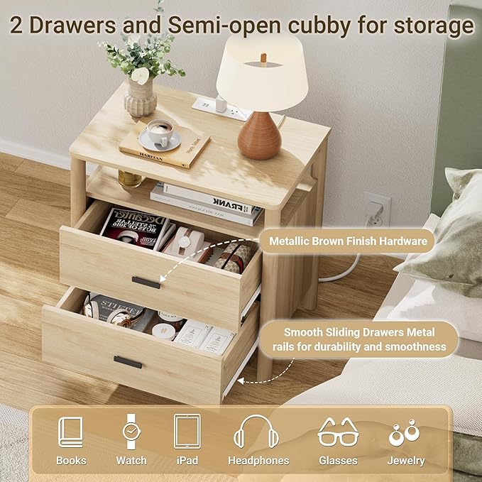 Night Stand with Charging Station, 24" Large Modern Side Table with Solid Round Post Legs, 2 Drawers End Table with Open Shelf, Nightstand with Storage for Bedroom, Natural Oak